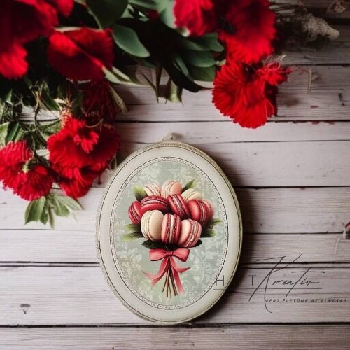 Ovális dekorkarton táblácska – Macaron csokor