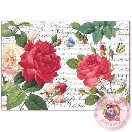 Rizspapír 48 x 33 cm - Vörös rózsák és kotta
