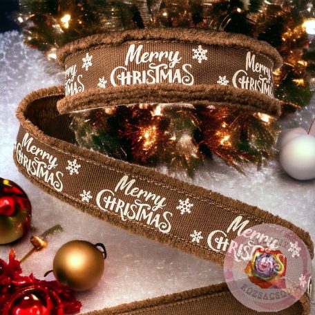 Bolyhos szélű "Merry Christmas" feliratú szalag barna